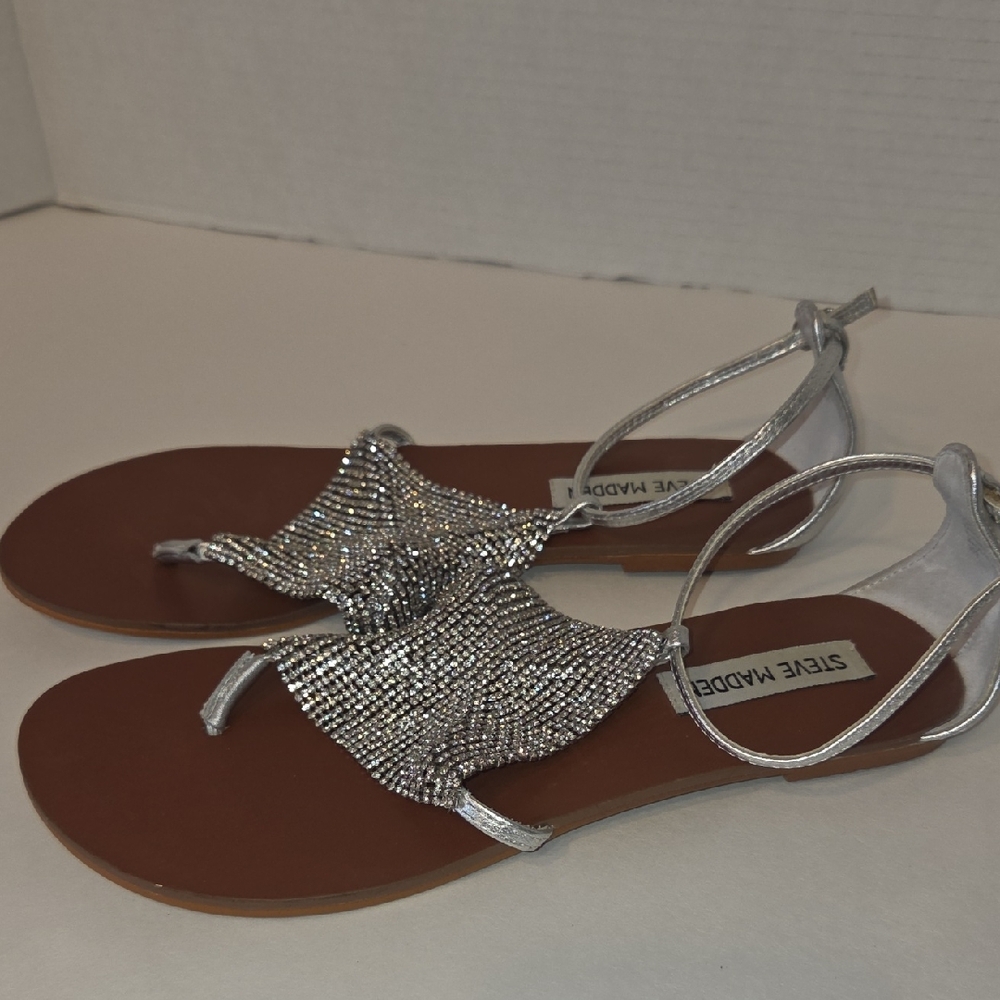 Y2K Steve Madden Leather Silver Rhinestone Sandals Size 7.5 'Shineyy'